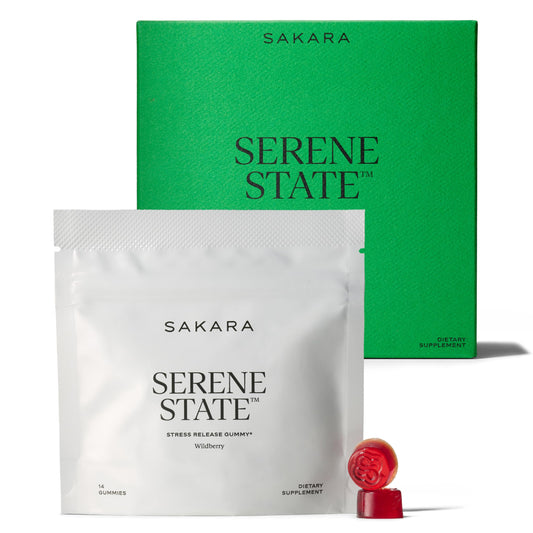 SAKARA Serene State gummies in a bottle promote a calm mood and non-drowsy support.