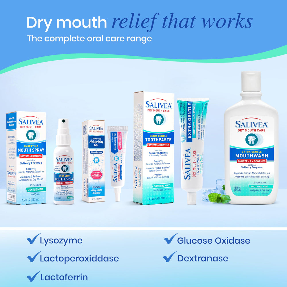 Salivea family lineup image showing toothpaste and mouth spray for complete care.