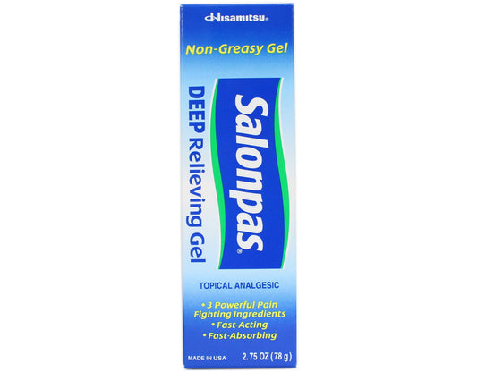 Salonpas Deep Pain Relieving Gel pack front showing the 3-count box for fast relief.