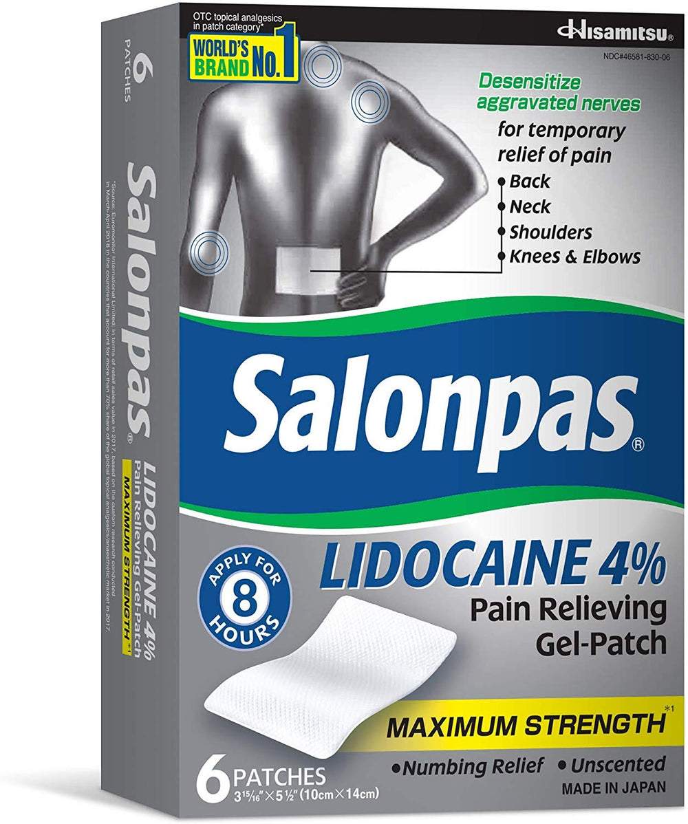 Salonpas LIDOCAINE patch applied to knee for localized relief