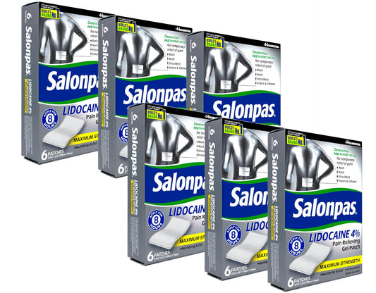 Salonpas Lidocaine patch back-view shows targeted numbness for back discomfort relief.