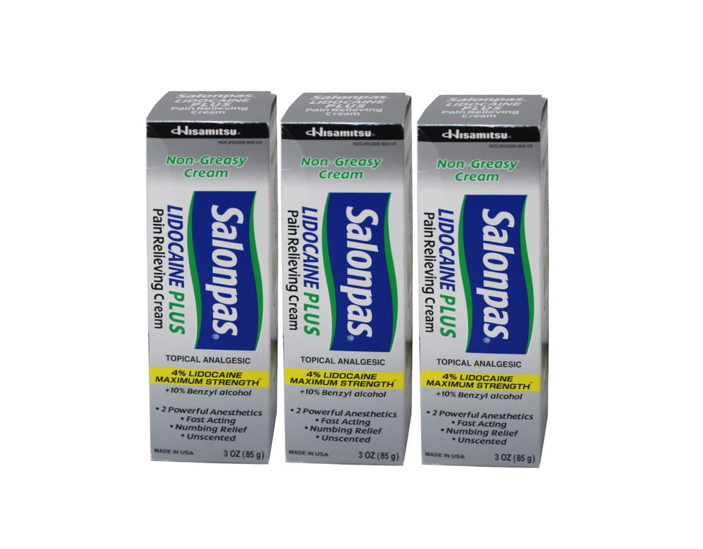 Salonpas Lidocaine Plus Cream pack front view for quick relief on the go.