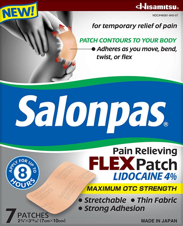 Salonpas maximum OTC-strength patch adheres to joints for steady relief.