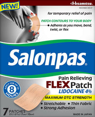 Salonpas maximum OTC-strength patch adheres to joints for steady relief.