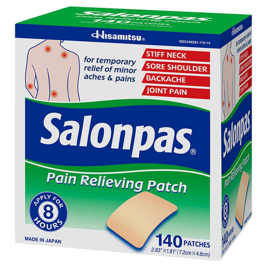 Salonpas pain relief patches in a two-pack packaging for on-the-go relief.