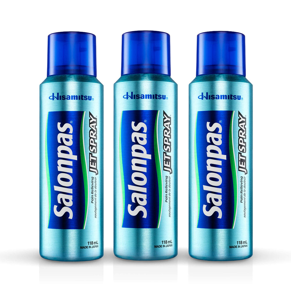 Salonpas jet spray bottle close-up for quick, targeted relief.