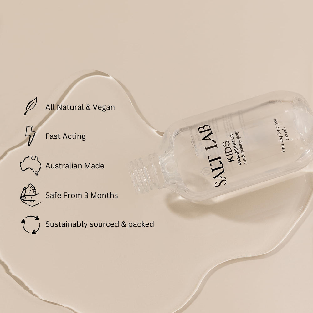 Salt Lab Kids Magnesium Oil Spray on feet before bedtime for calm routines