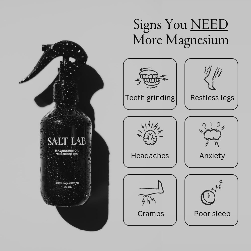 Salt Lab Magnesium Oil Spray application on skin for quick absorption.