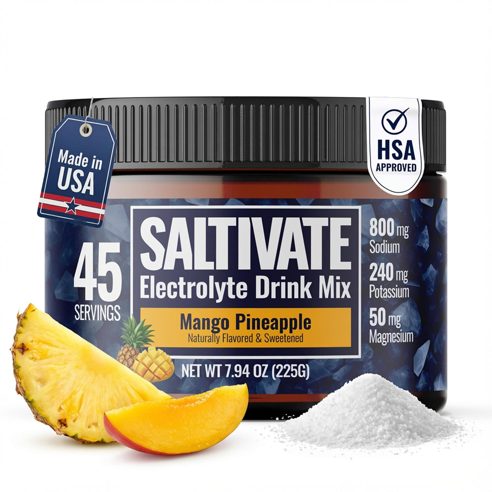 Saltivate High Sodium Electrolytes bottle front showing tropical hydration benefits