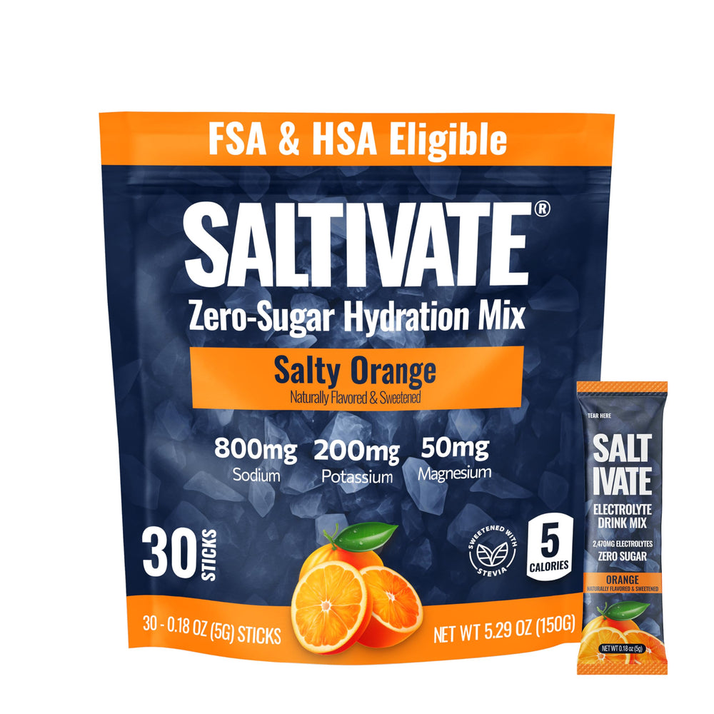 Saltivate salty orange electrolytes box front for travel hydration