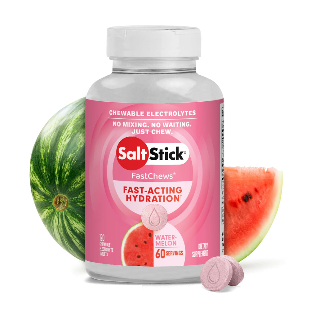 SaltStick Electrolyte FastChews Watermelon bottle showing fast-absorption electrolyte formula for athletes.