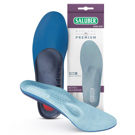 Saluber orthotic inserts with Poron footbed for all-day comfort in various shoes.