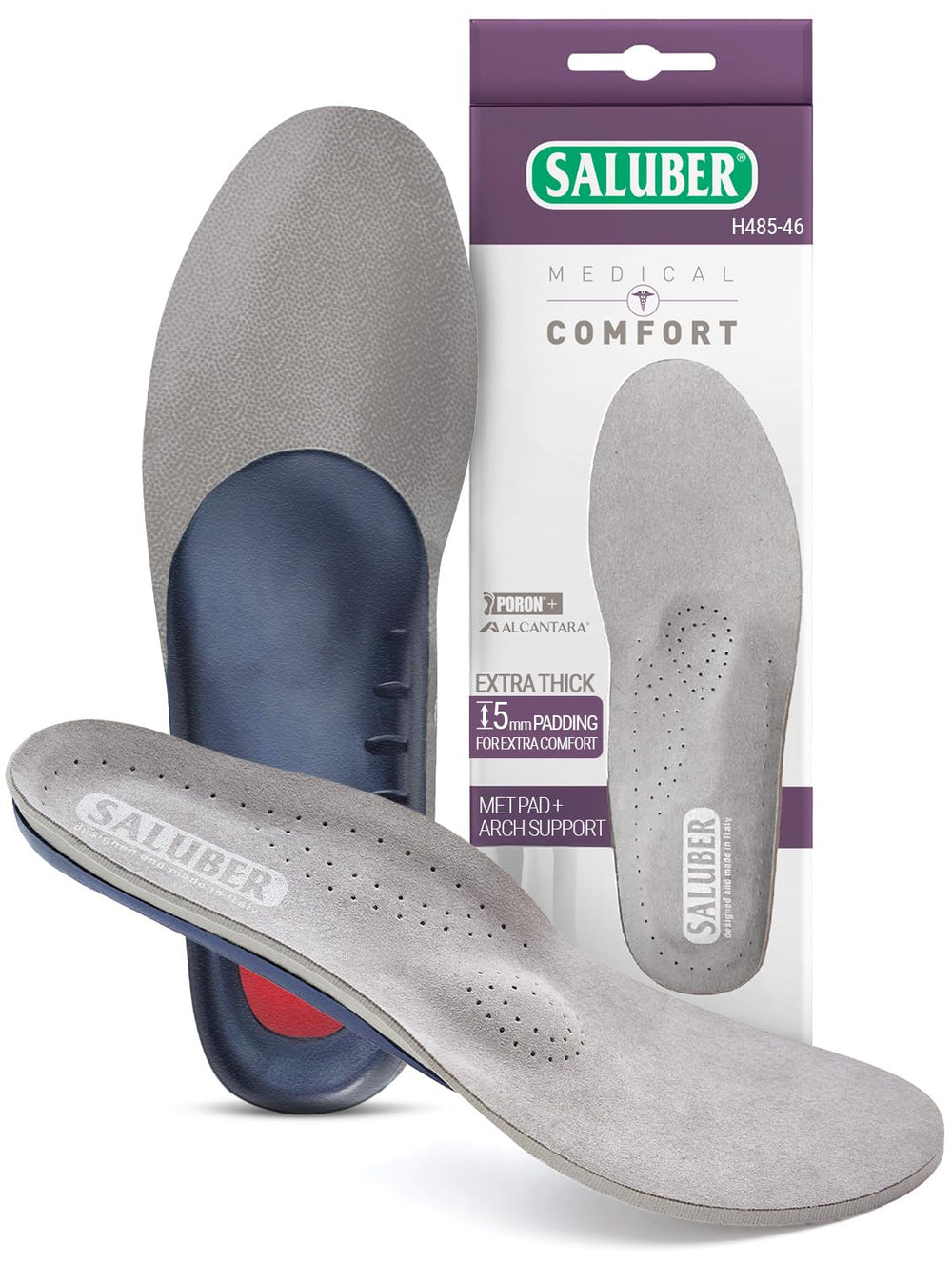 Saluber orthotic insoles front view with metatarsal pad for all-day comfort.