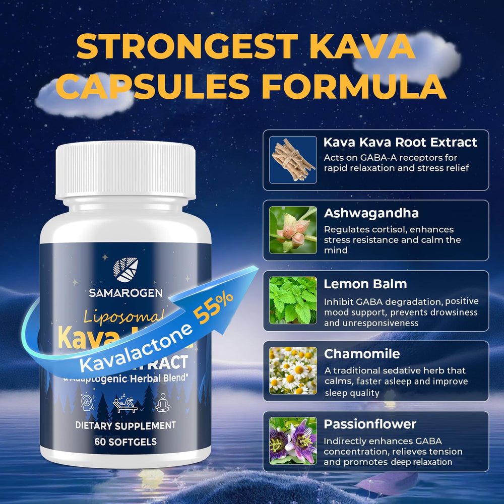 Samarogen Kava Kava Capsules packaging box presents premium herbal sleep support