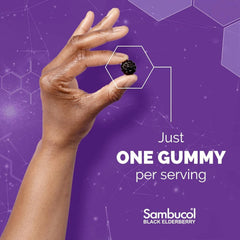 Sambucol Elderberry Gummies ingredients label shows premium elderberry and vitamins