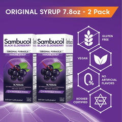 Sambucol elderberry bottle and label highlight gluten-free and vegan original formula.