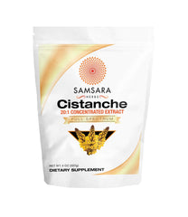 Samsara Herbs Cistanche extract powder bottle for quick daily mixing into juice or smoothies.