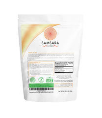 Samsara Herbs pine pollen jar with scoop, convenient serving suggestion.