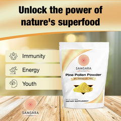 Samsara Herbs pine pollen close-up, 99% cracked cell wall for superior absorption.