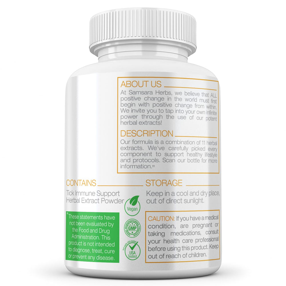 Samsara Herbs Tick Immune bottle showing 240 capsules for long-term use