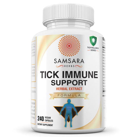 Samsara Herbs Tick Immune Support bottle front highlighting premium herbal blend for daily wellness