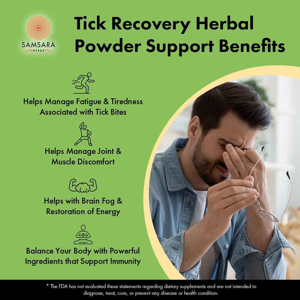 Samsara Herbs Tick Recovery powder dispensed into a spoon for easy dosing.