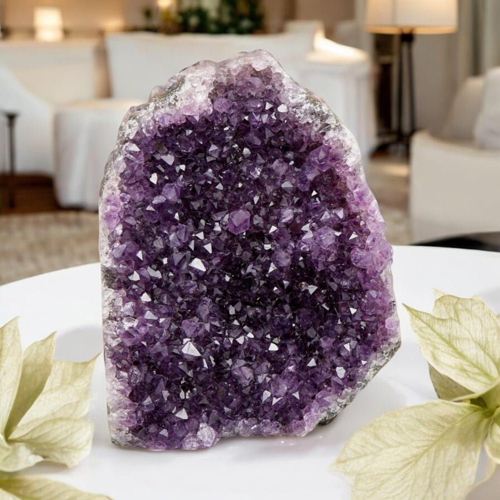 SAMSARI amethyst geode in meditation space invites focus and serenity.