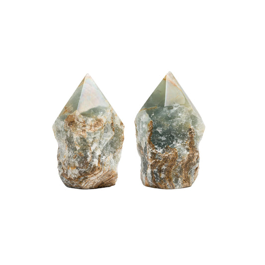 SAMSARI Blue Onyx crystal points set 2 overview with polished stones