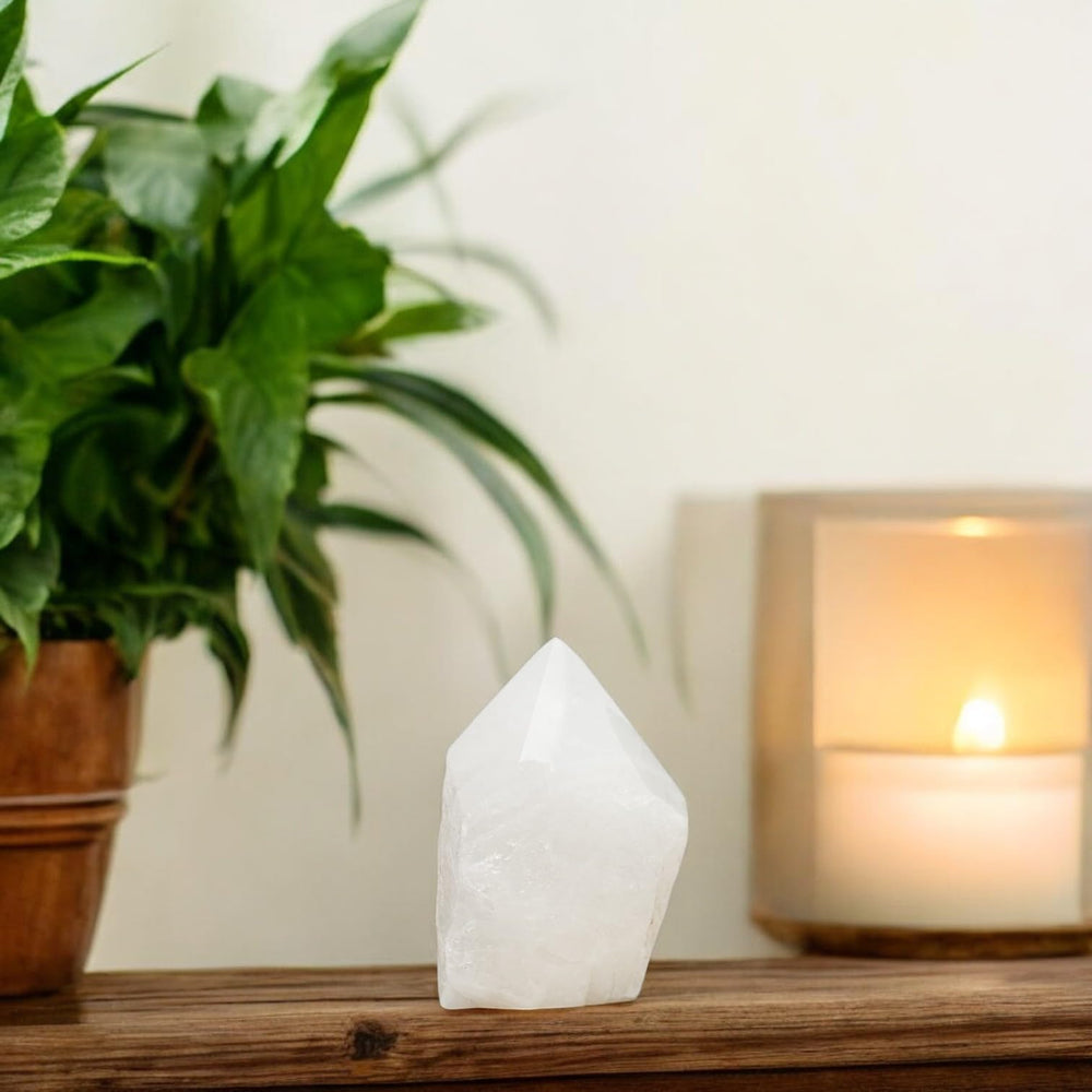 SAMSARI Milky Quartz Points placed in yoga space for balance.