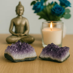 SAMSARI natural amethyst crystal cluster with unique texture enhances sacred altar setups.