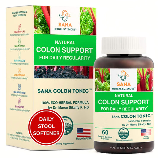 Sana Herbal Sciences natural stool softener bottle displayed for daily comfort