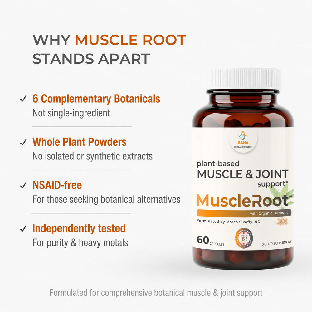 Sana Muscle Root capsules closeup emphasizes non-sedating daily support