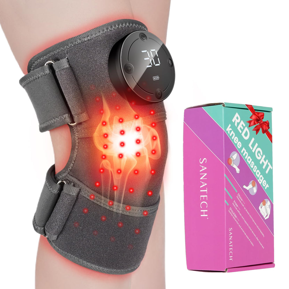 SanaTech red light knee brace front view, cordless operation for easy home relief.