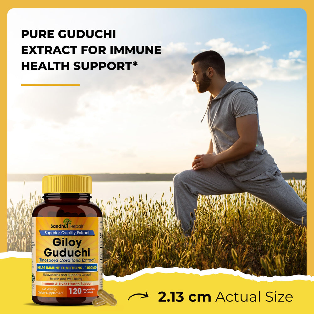 SANDHUHERBALS Giloy label confirms gluten-free and vegetarian capsules.