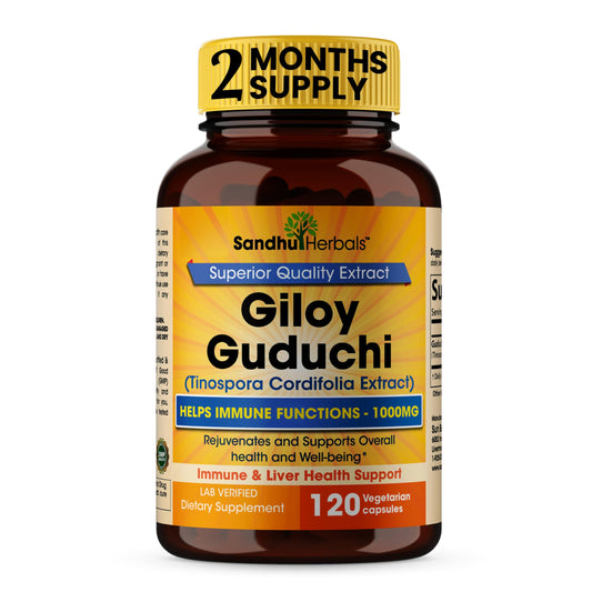 SANDHUHERBALS Giloy powder bottle showing immune support and daily vitality.