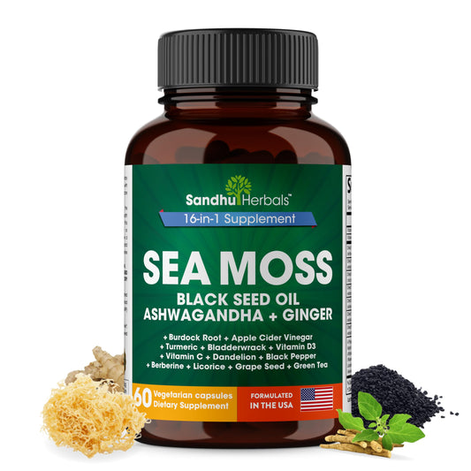SANDHUHERBALS Sea Moss Capsules bottle promotes immune and digestive wellness.