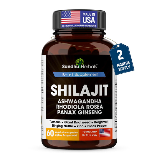 SandhuHerbals Shilajit capsules bottle for daily energy support.