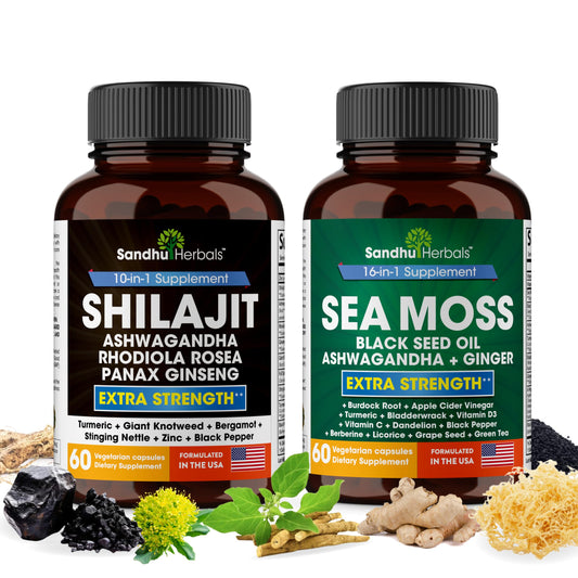SandhuHerbals Shilajit Sea Moss bundle bottle promotes daily energy and vitality.