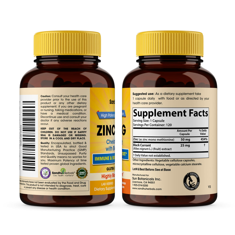 Sandhu Herbals Zinc bottle back with dosage and supplement details.