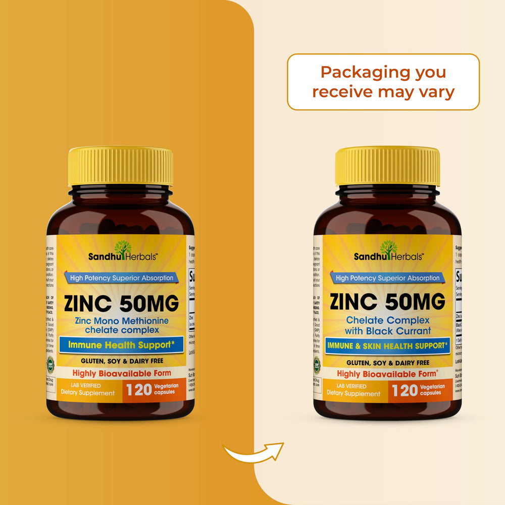 Sandhu Herbals Zinc bottle closeup signaling premium USA manufacturing.