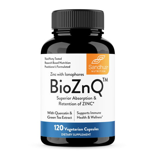 Sandhu's BioZnq bottle front shows 800mg zinc with natural ionophores for absorption
