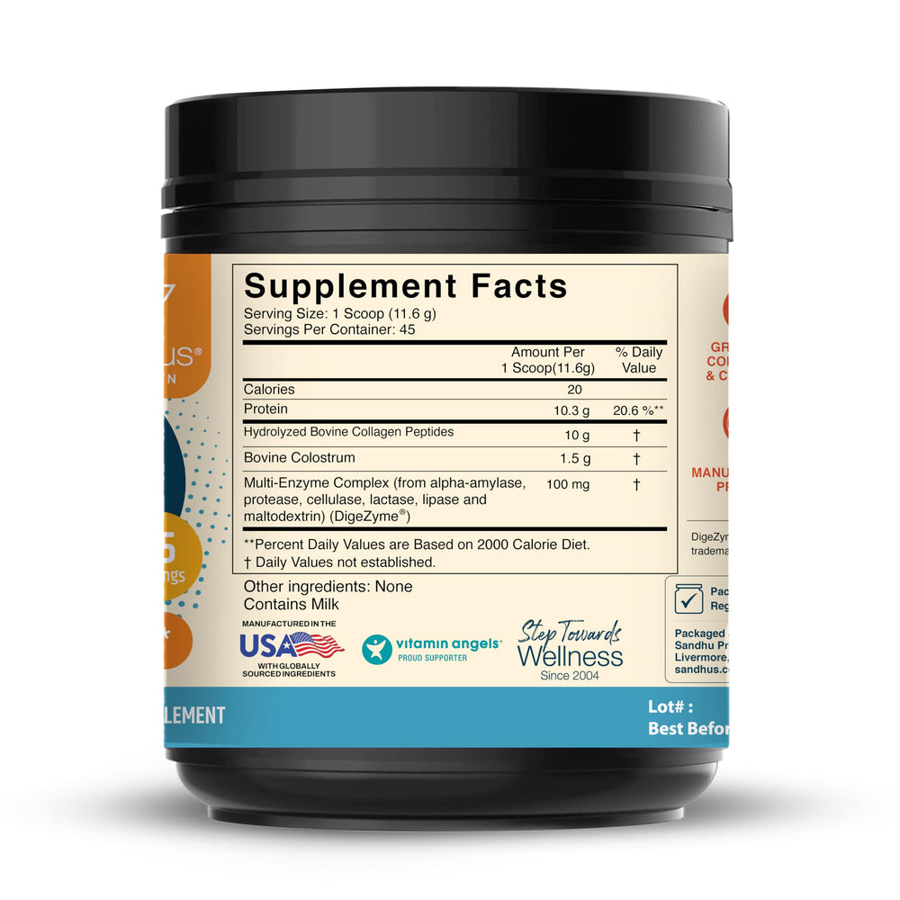 Close-up of Sandhu's label shows grass-fed colostrum and collagen for skin and immune support