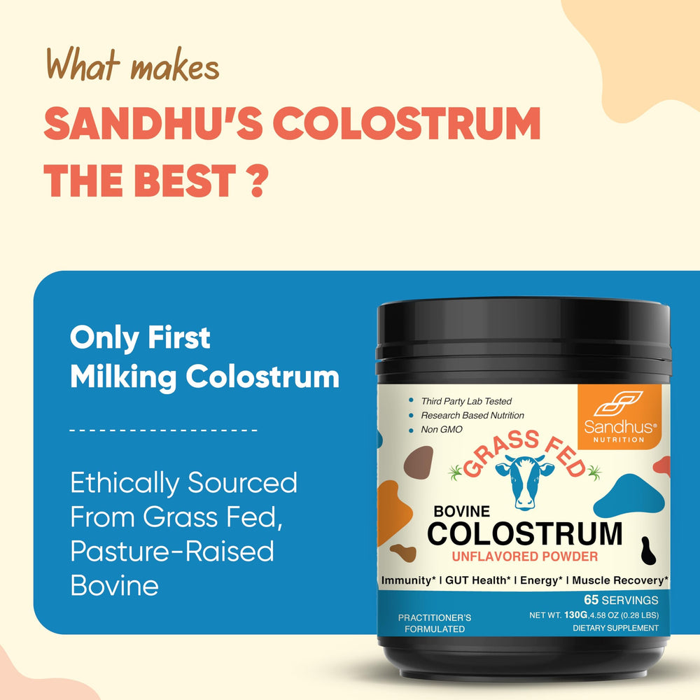 Sandhu's colostrum powder bottle; supports immune and skin health.