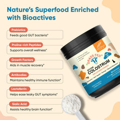 Sandhu's Colostrum powder dissolving in water for a smooth blend.