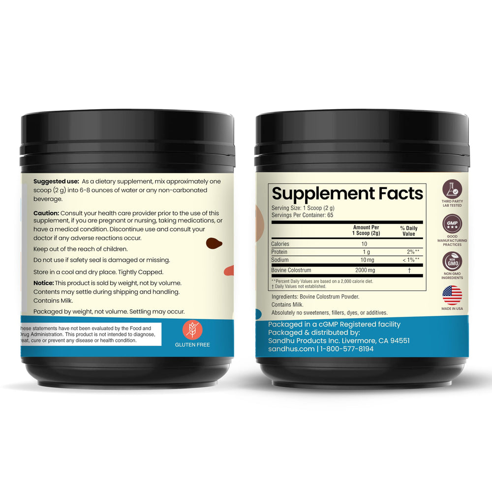 Sandhu's colostrum powder scoop dispenses a precise 2 g serving.