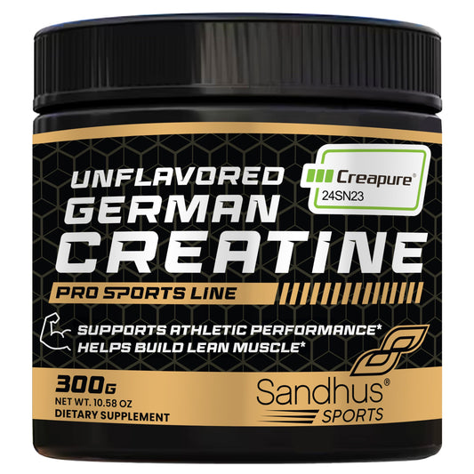 Sandhus Creapure creatine bottle shown for easy daily supplementation to support workouts