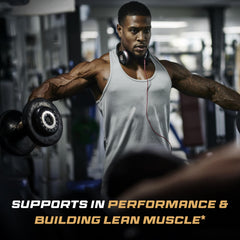 Scoop beside container highlights convenient 5 g serving for lean muscle support