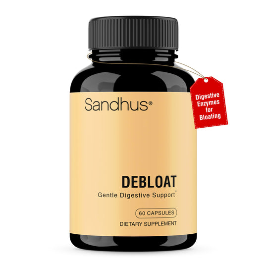Sandhu's Debloat bottle front showing branding and promise of relief after meals.