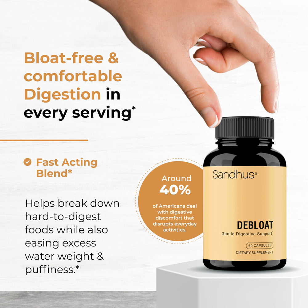 Sandhu's Debloat capsules close-up with multi-enzyme blend for digestion after meals.