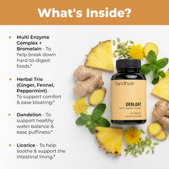Sandhu's Debloat multi-enzyme blend supports fat, protein, and carb digestion.